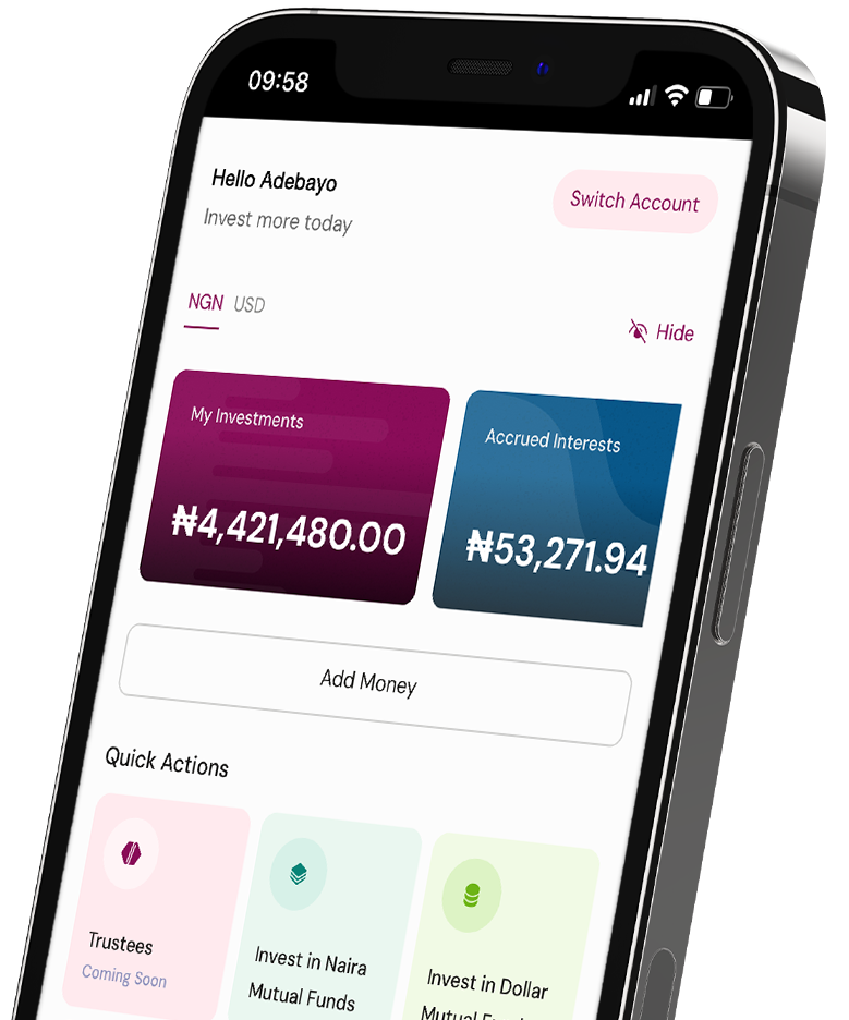 AVA mobile app showing investment dashboard