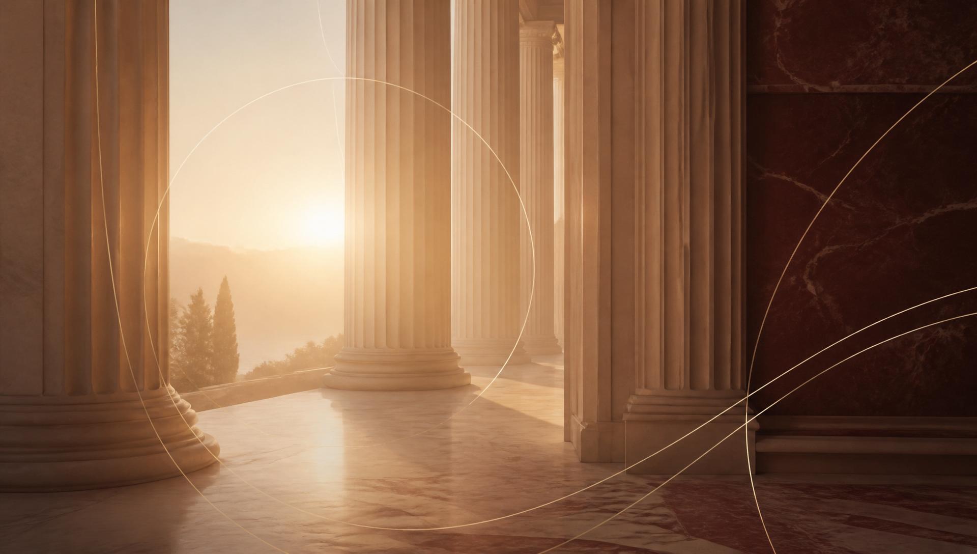 Classical colonnade at golden hour evoking continuity and stewardship