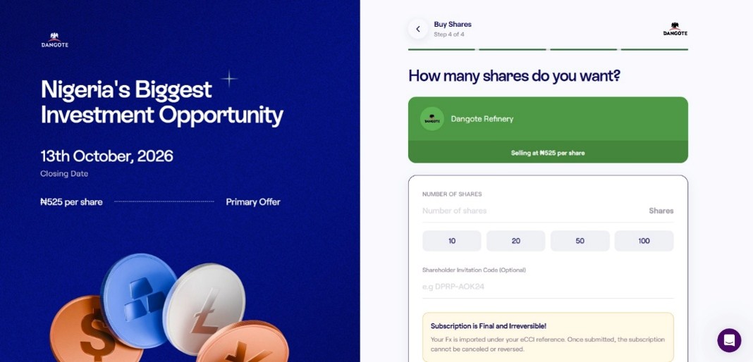 The Dangote Refinery IPO page for choosing the number of shares