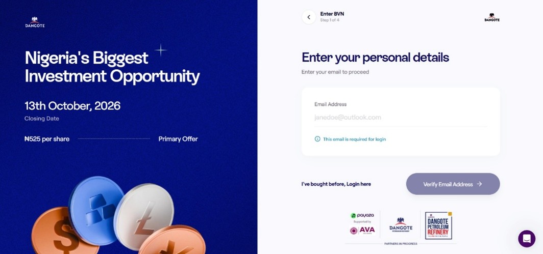 The Dangote Refinery IPO registration form, where you enter your personal details