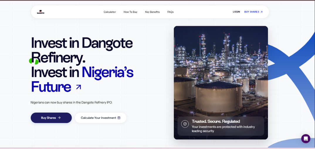 The Dangote Refinery IPO page, where you select Buy Shares