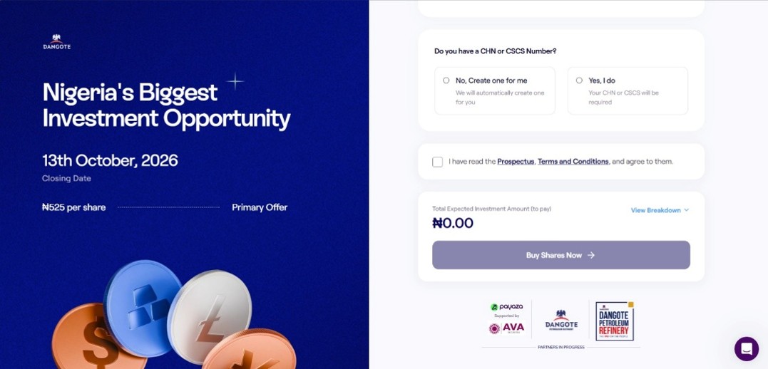 The Dangote Refinery IPO checkout page with the Buy Shares Now button